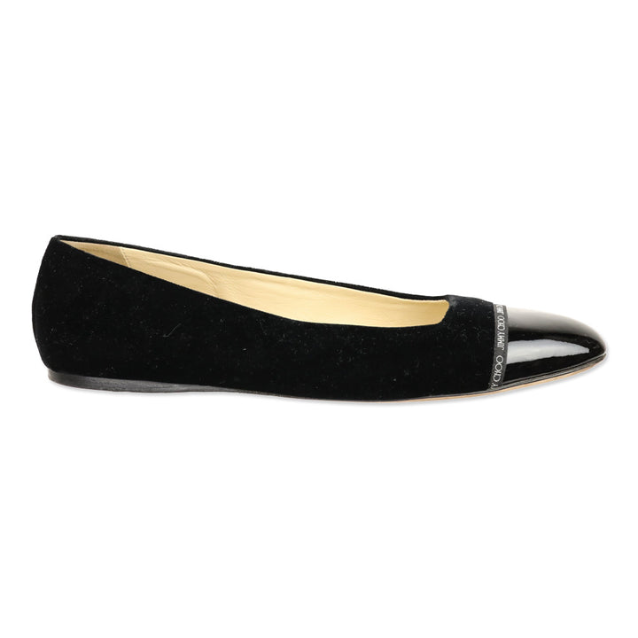 Jimmy Choo Black Velvet Watson Cap-Toe Leather Ballerina Flats