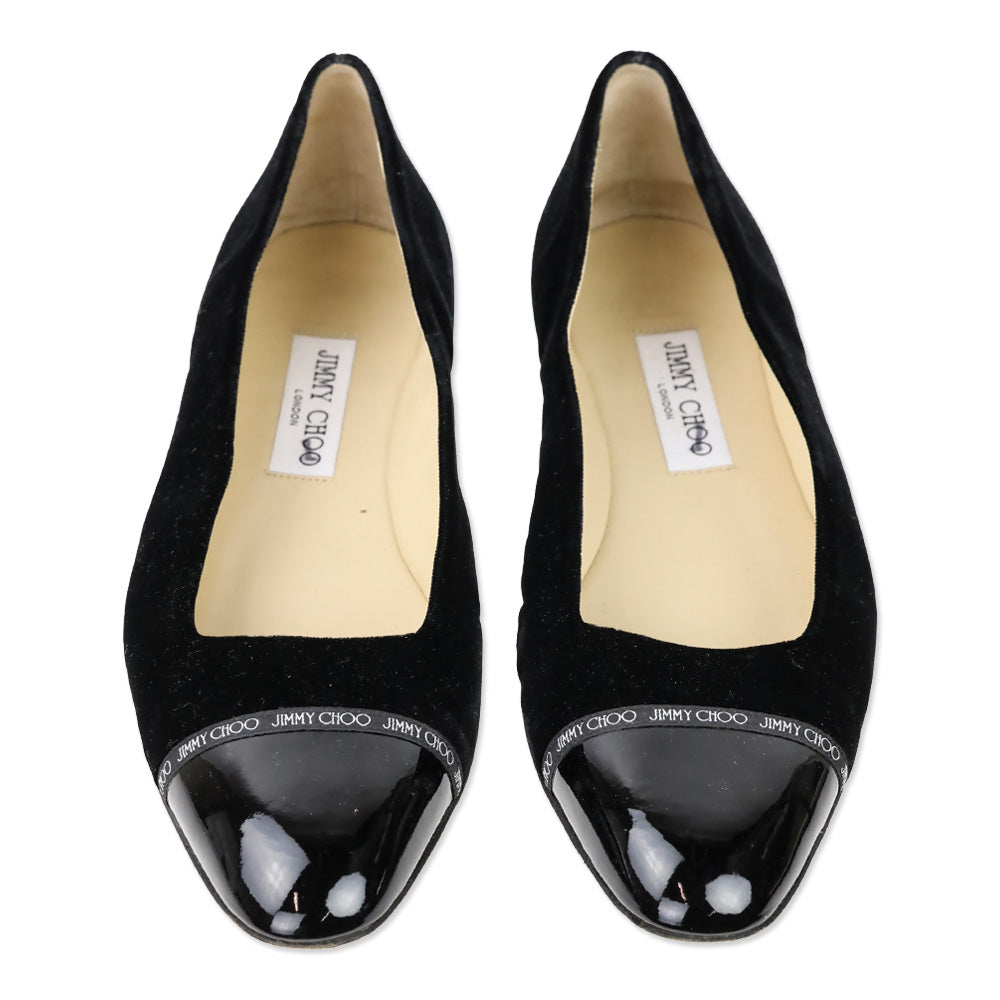Jimmy Choo Black Velvet Watson Cap-Toe Leather Ballerina Flats