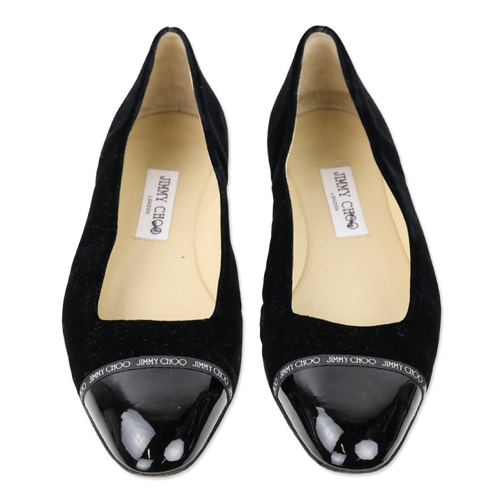 Jimmy Choo Black Velvet Watson Cap-Toe Leather Ballerina Flats