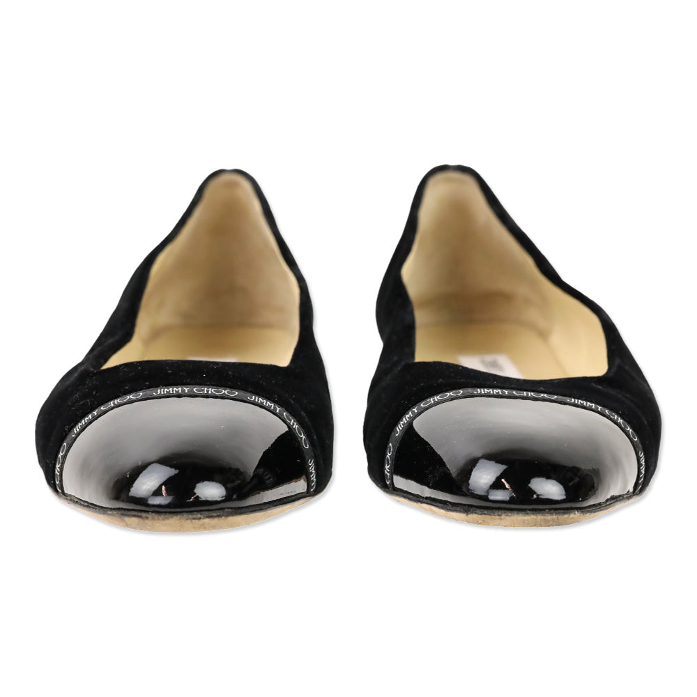 Jimmy Choo Black Velvet Watson Cap-Toe Leather Ballerina Flats