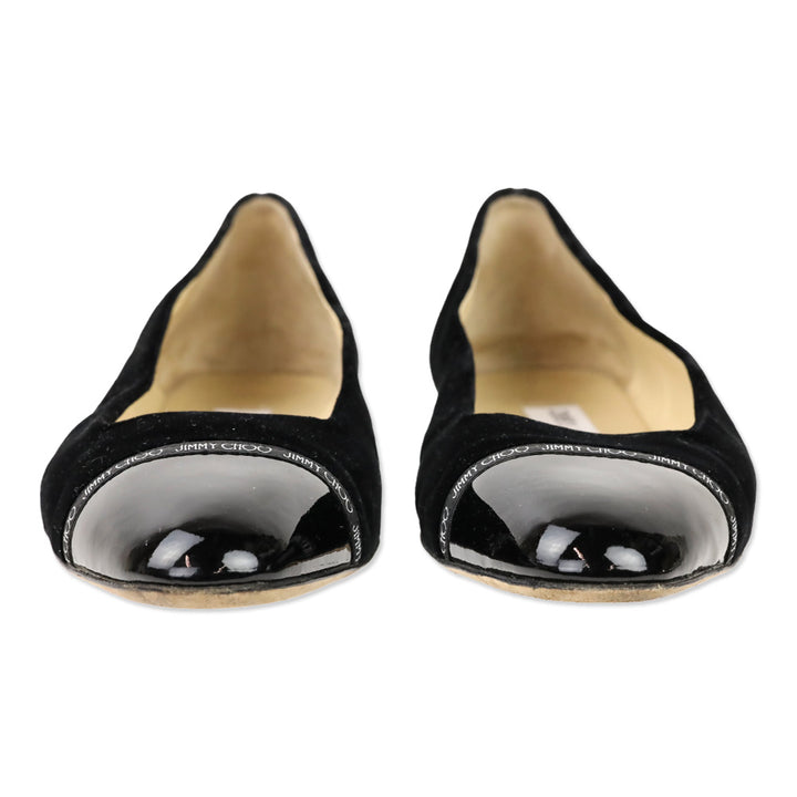 Jimmy Choo Black Velvet Watson Cap-Toe Leather Ballerina Flats