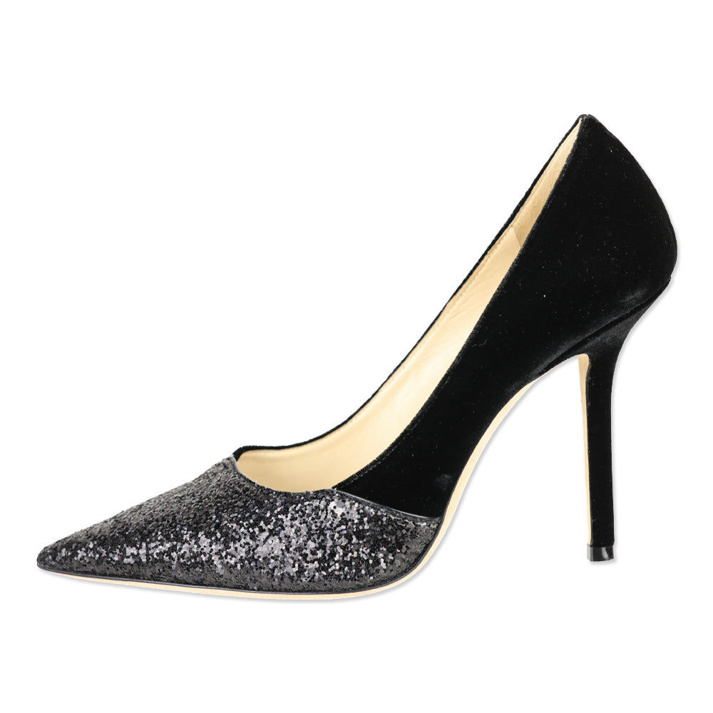 Jimmy Choo Love 100 Black Asymmetrical Velvet/Glitter Pump