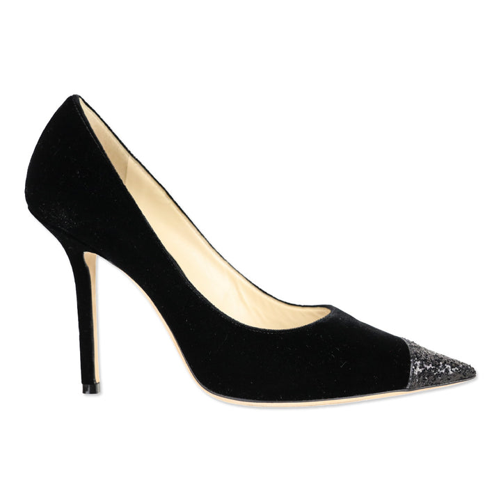 Jimmy Choo Love 100 Black Asymmetrical Velvet/Glitter Pump