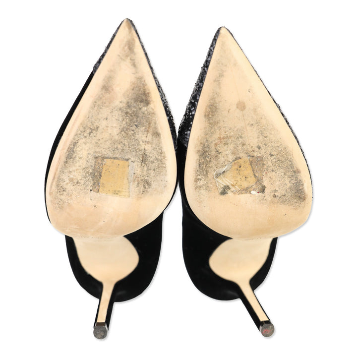 Jimmy Choo Love 100 Black Asymmetrical Velvet/Glitter Pump