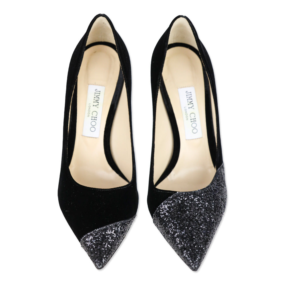 Jimmy Choo Love 100 Black Asymmetrical Velvet/Glitter Pump
