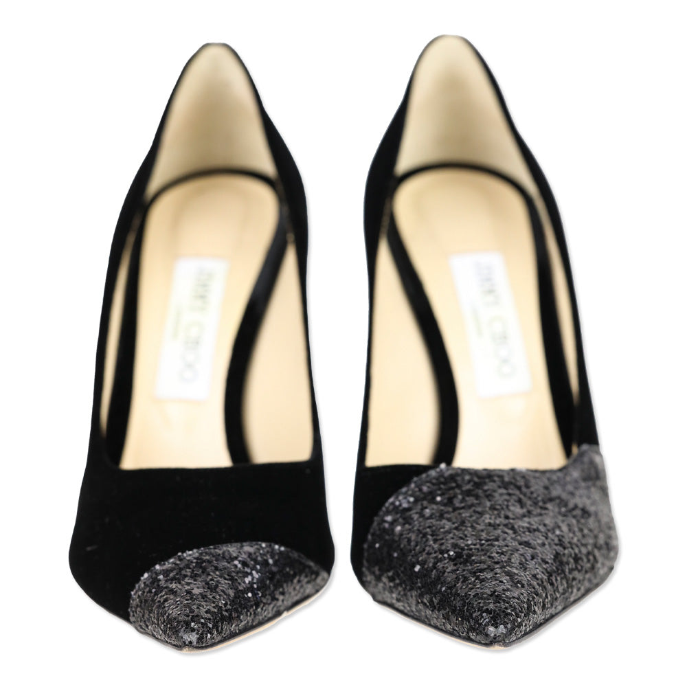Jimmy Choo Love 100 Black Asymmetrical Velvet/Glitter Pump