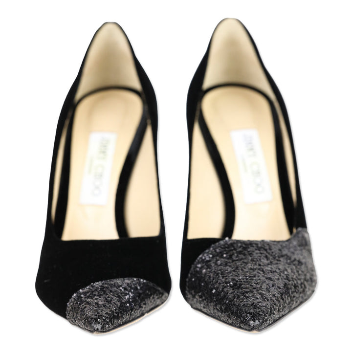 Jimmy Choo Love 100 Black Asymmetrical Velvet/Glitter Pump