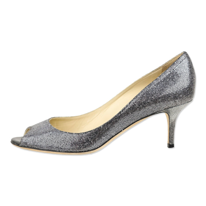 Jimmy Choo Metallic Silver Snakeskin Peep Toe Kitten Pump