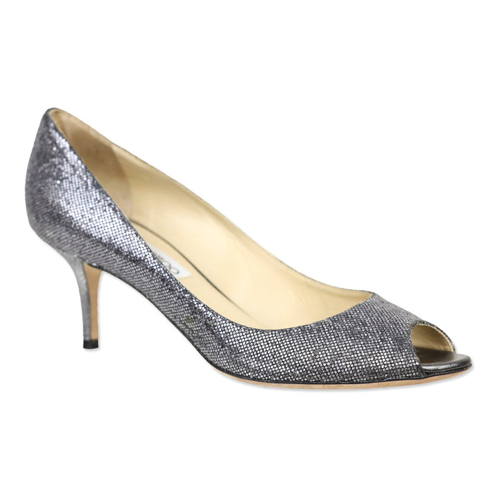 Jimmy Choo Metallic Silver Snakeskin Peep Toe Kitten Pump