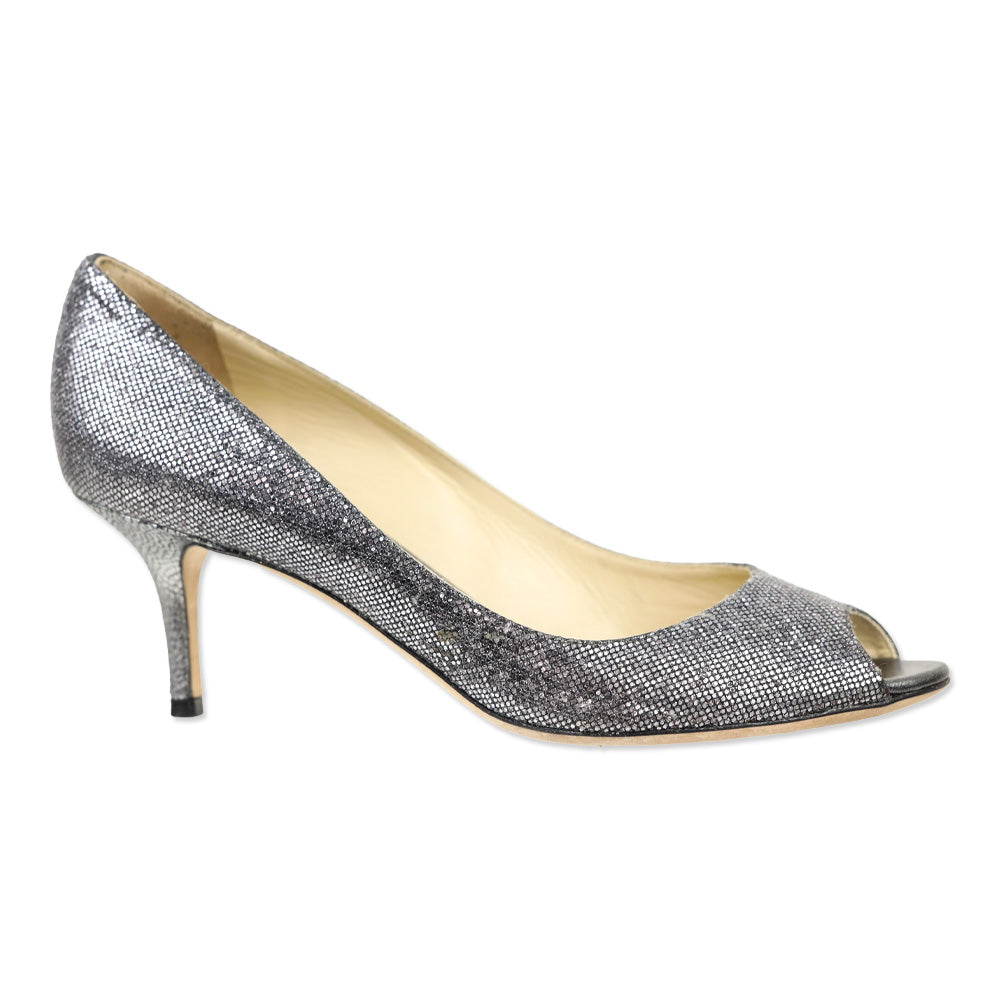 Jimmy Choo Metallic Silver Snakeskin Peep Toe Kitten Pump