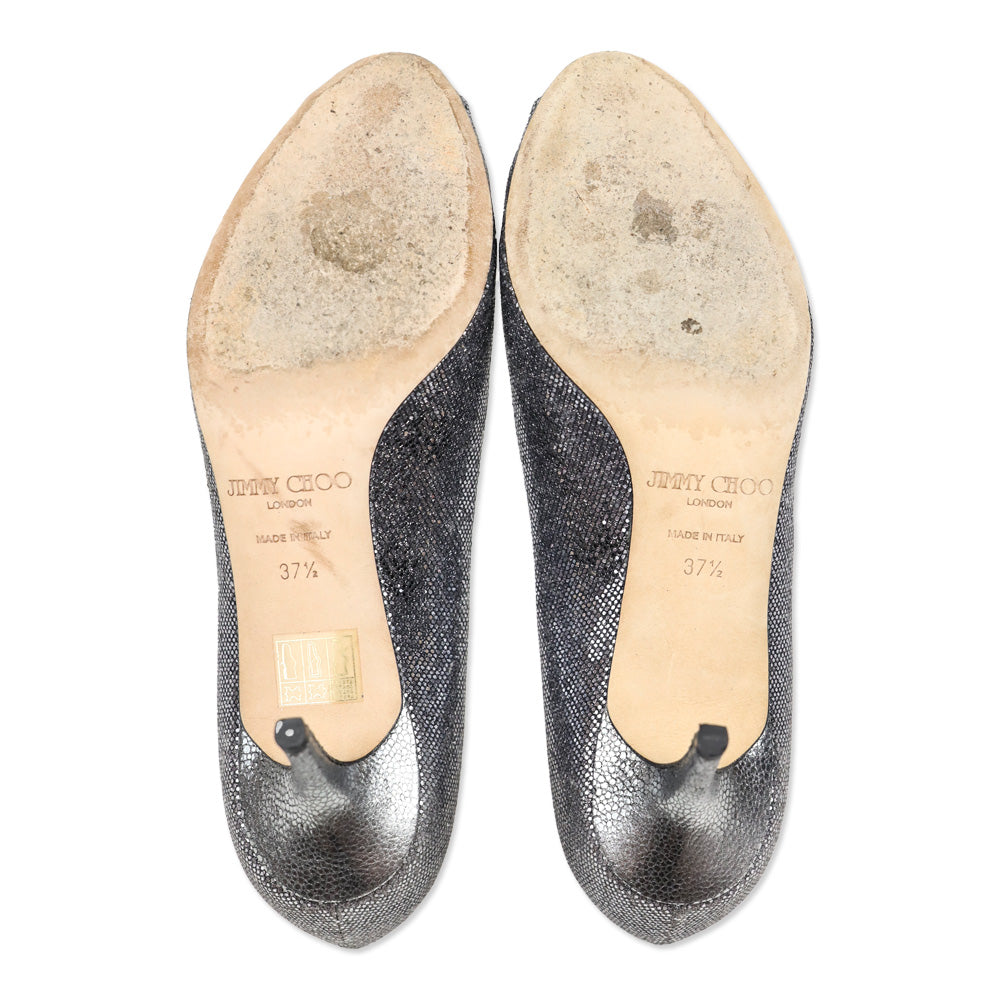 Jimmy Choo Metallic Silver Snakeskin Peep Toe Kitten Pump
