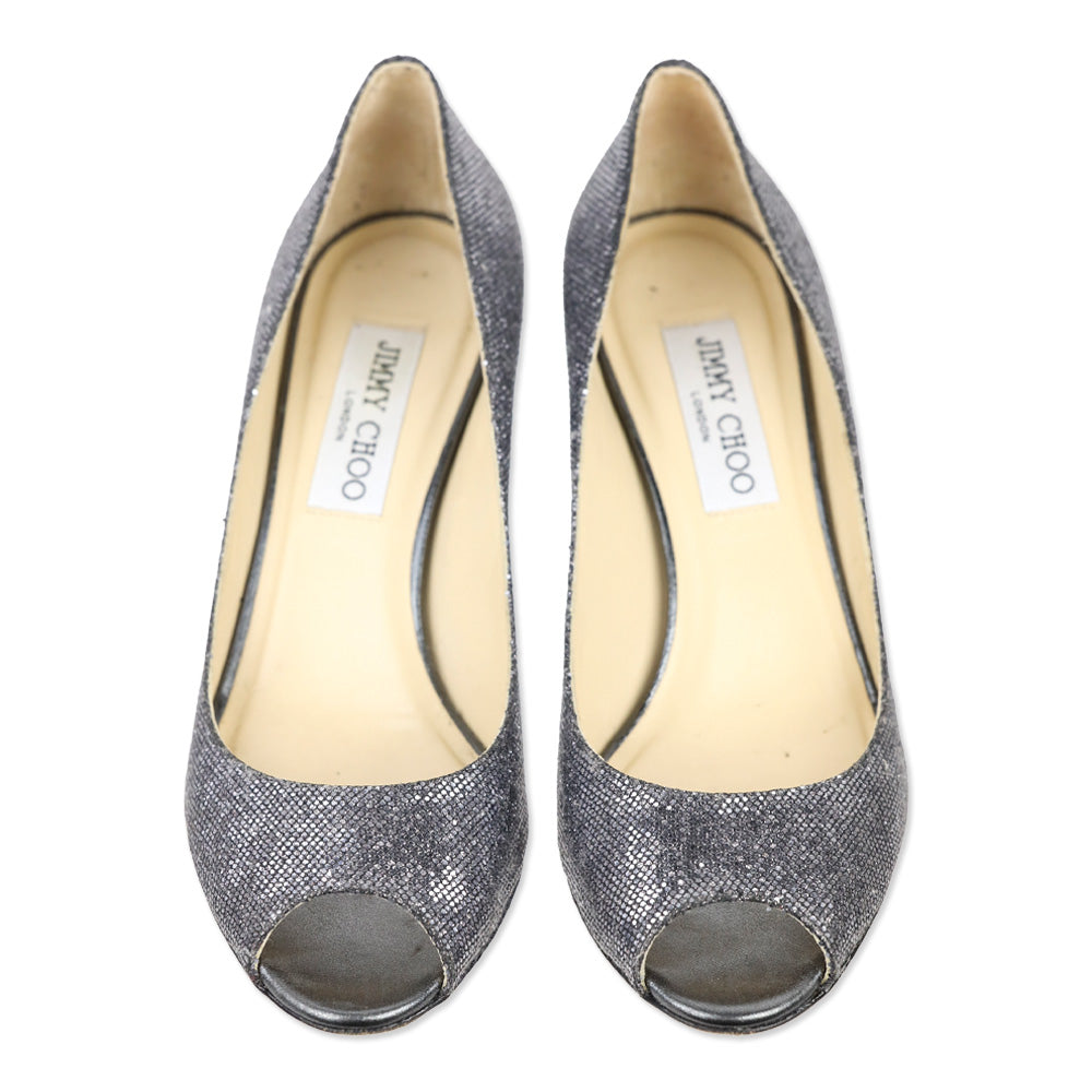 Jimmy Choo Metallic Silver Snakeskin Peep Toe Kitten Pump