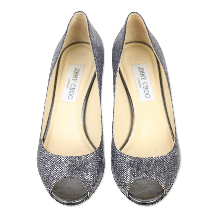 Jimmy Choo Metallic Silver Snakeskin Peep Toe Kitten Pump