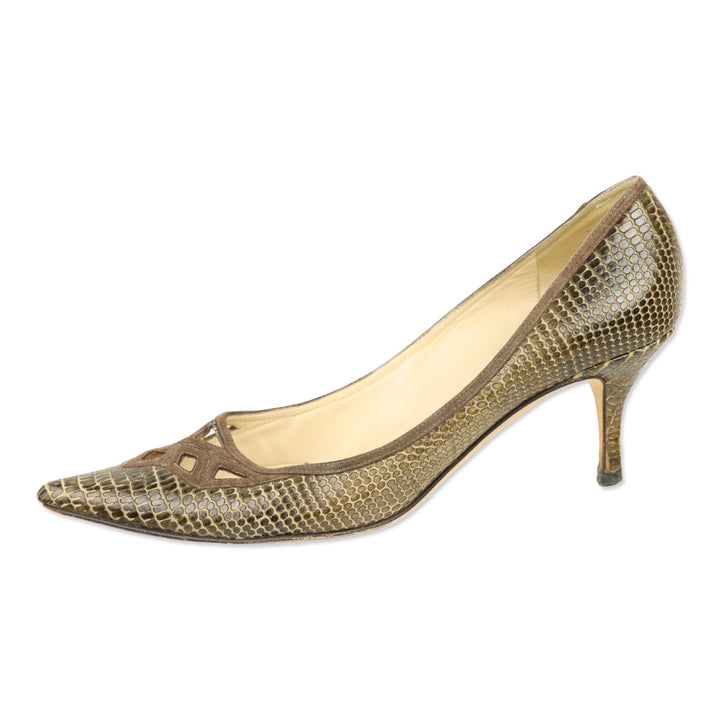 Jimmy Choo Olive Lizard Skin Suede Cutout Kitten Pumps