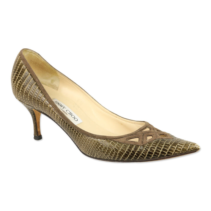 Jimmy Choo Olive Lizard Skin Suede Cutout Kitten Pumps