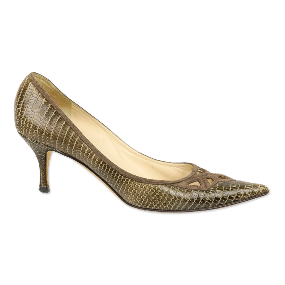Jimmy Choo Olive Lizard Skin Suede Cutout Kitten Pumps