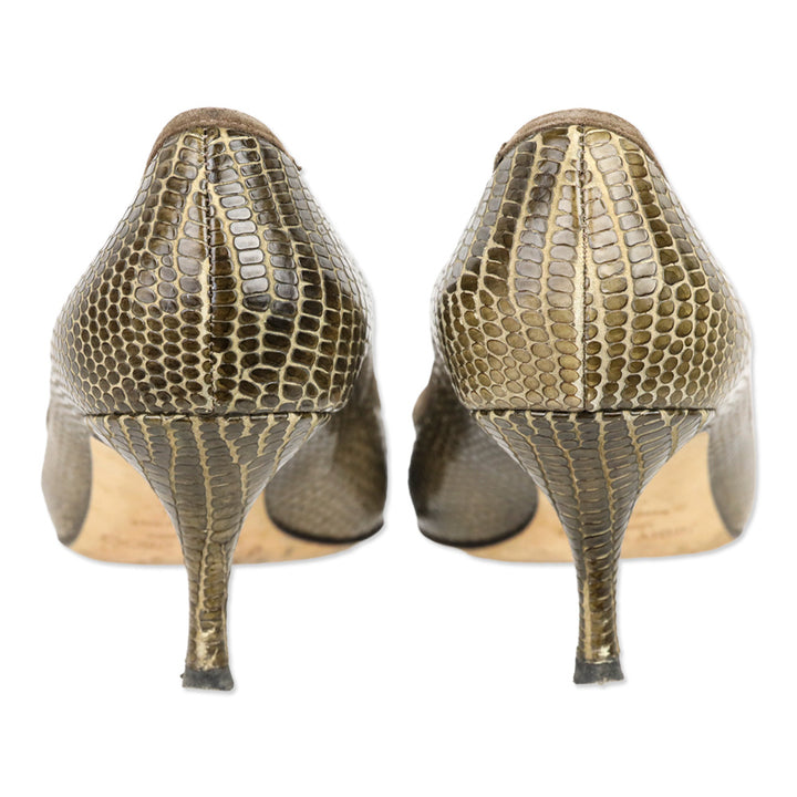 Jimmy Choo Olive Lizard Skin Suede Cutout Kitten Pumps