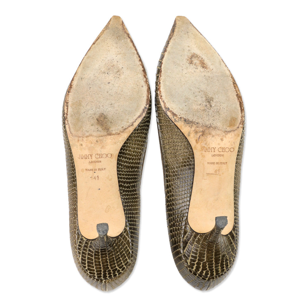 Jimmy Choo Olive Lizard Skin Suede Cutout Kitten Pumps