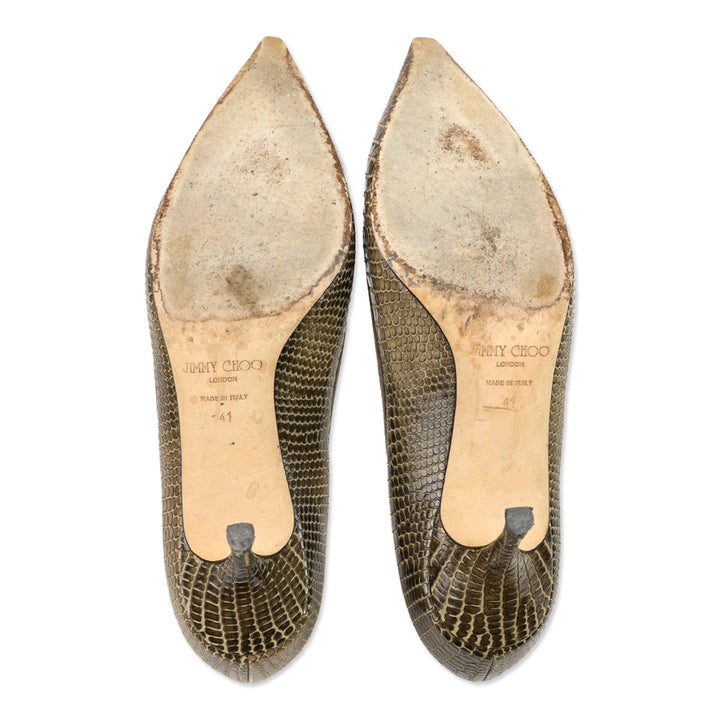 Jimmy Choo Olive Lizard Skin Suede Cutout Kitten Pumps