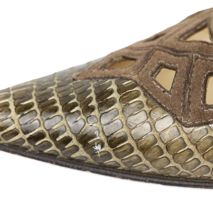 Jimmy Choo Olive Lizard Skin Suede Cutout Kitten Pumps
