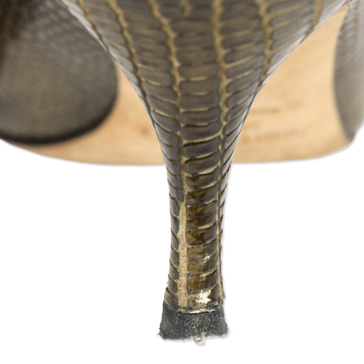 Jimmy Choo Olive Lizard Skin Suede Cutout Kitten Pumps