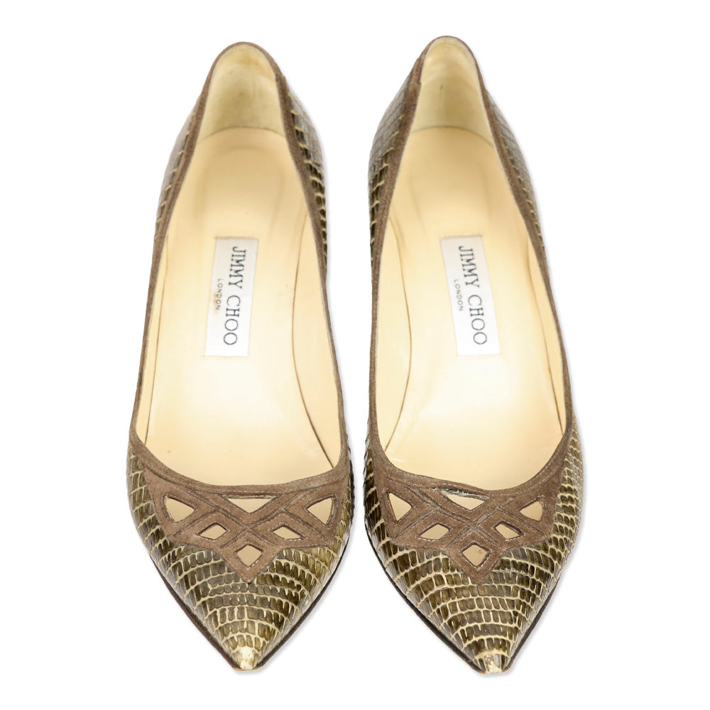 Jimmy Choo Olive Lizard Skin Suede Cutout Kitten Pumps
