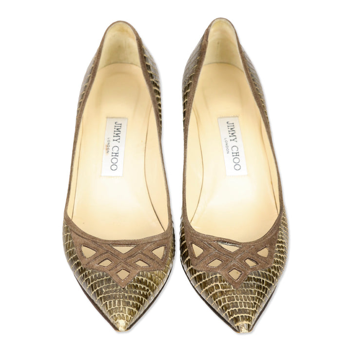 Jimmy Choo Olive Lizard Skin Suede Cutout Kitten Pumps