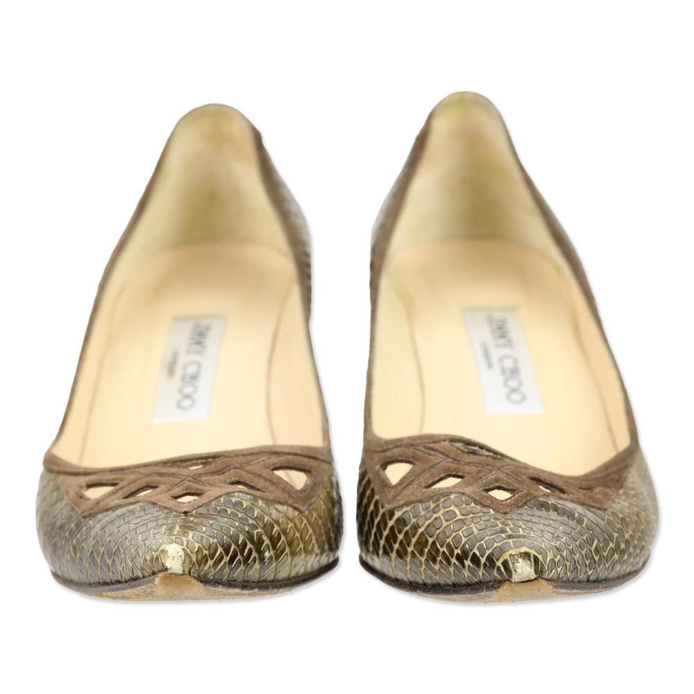 Jimmy Choo Olive Lizard Skin Suede Cutout Kitten Pumps