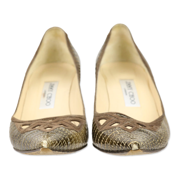 Jimmy Choo Olive Lizard Skin Suede Cutout Kitten Pumps