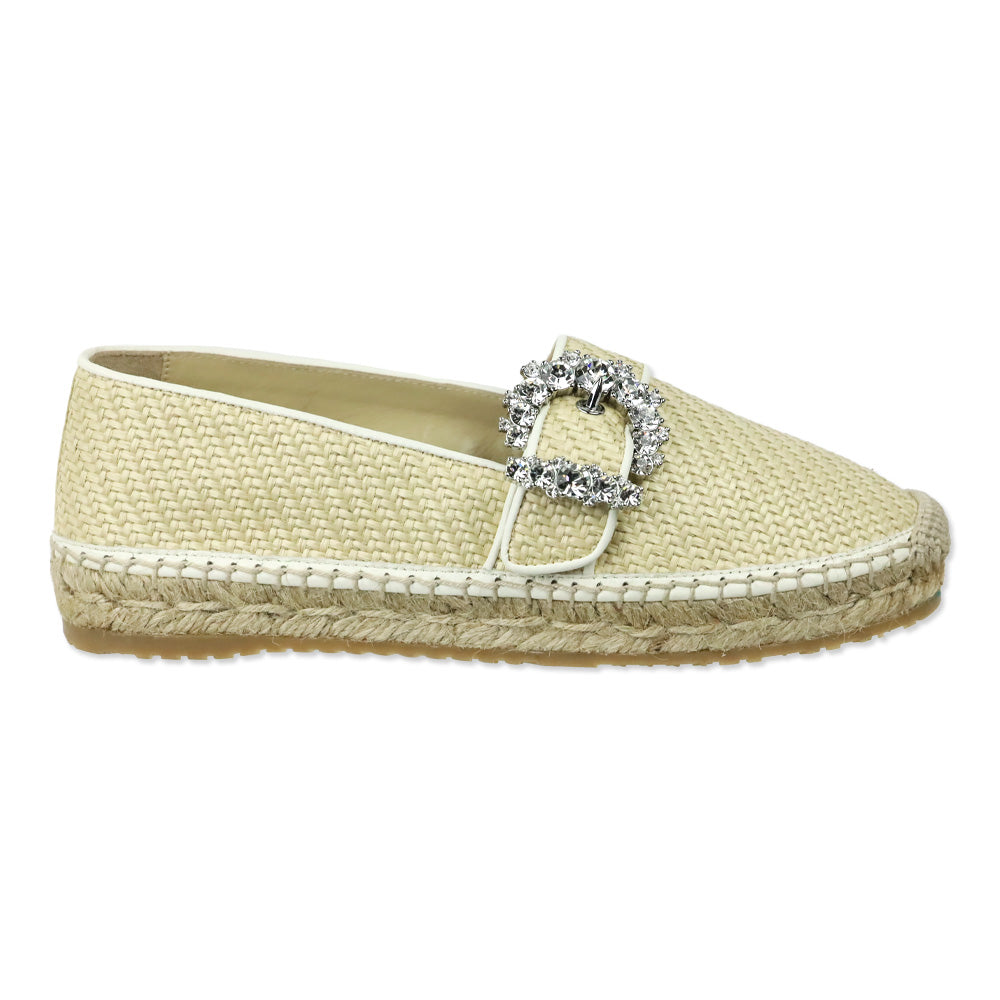 Jimmy Choo Raffia/White Leather Crystal Buckle Lichi Flat