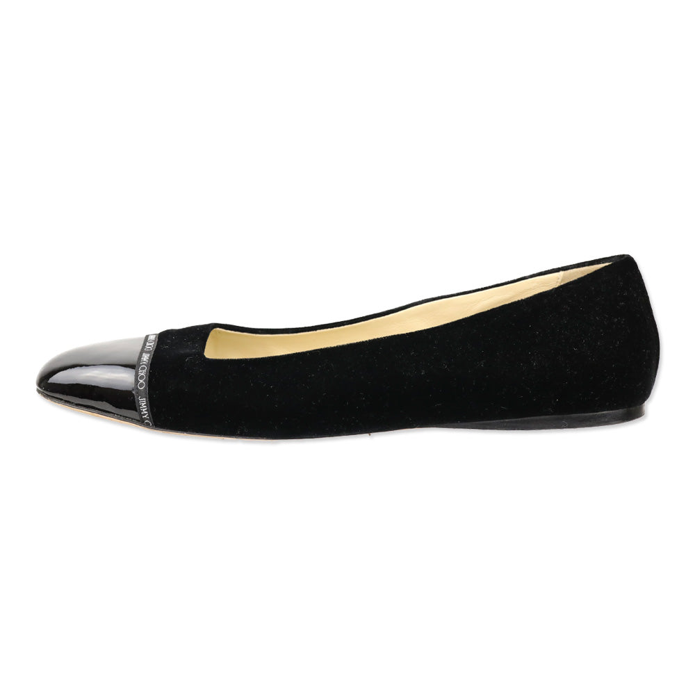 Jimmy Choo Black Velvet Watson Cap-Toe Leather Ballerina Flats