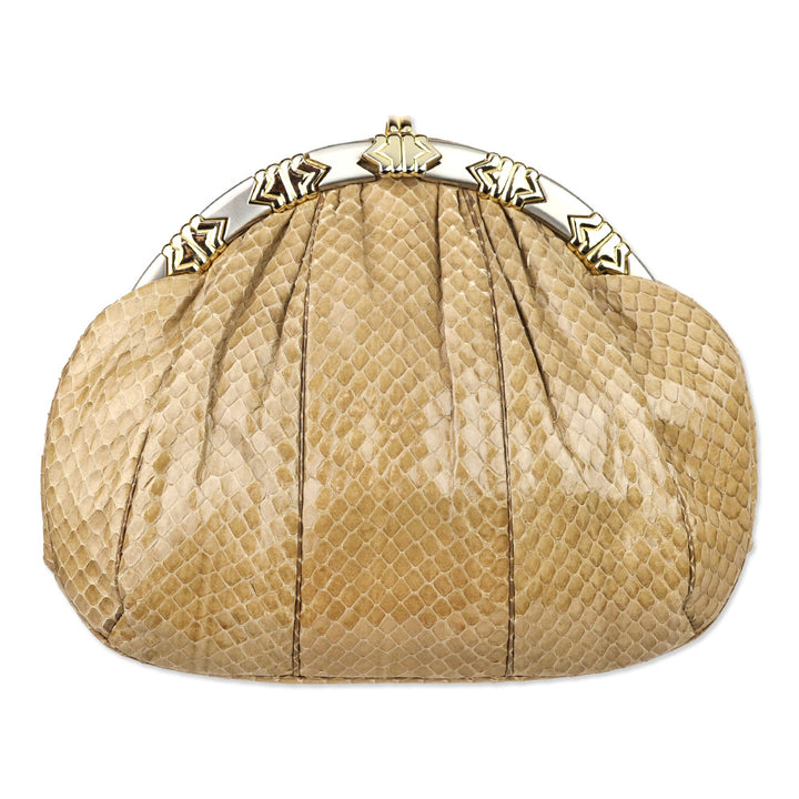 Judith Leiber Beige Snakeskin Medium Clutch with Strap