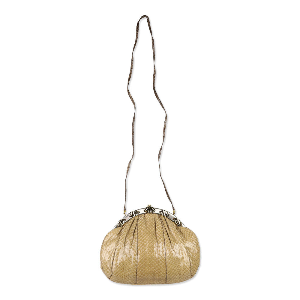Judith Leiber Beige Snakeskin Medium Clutch with Strap