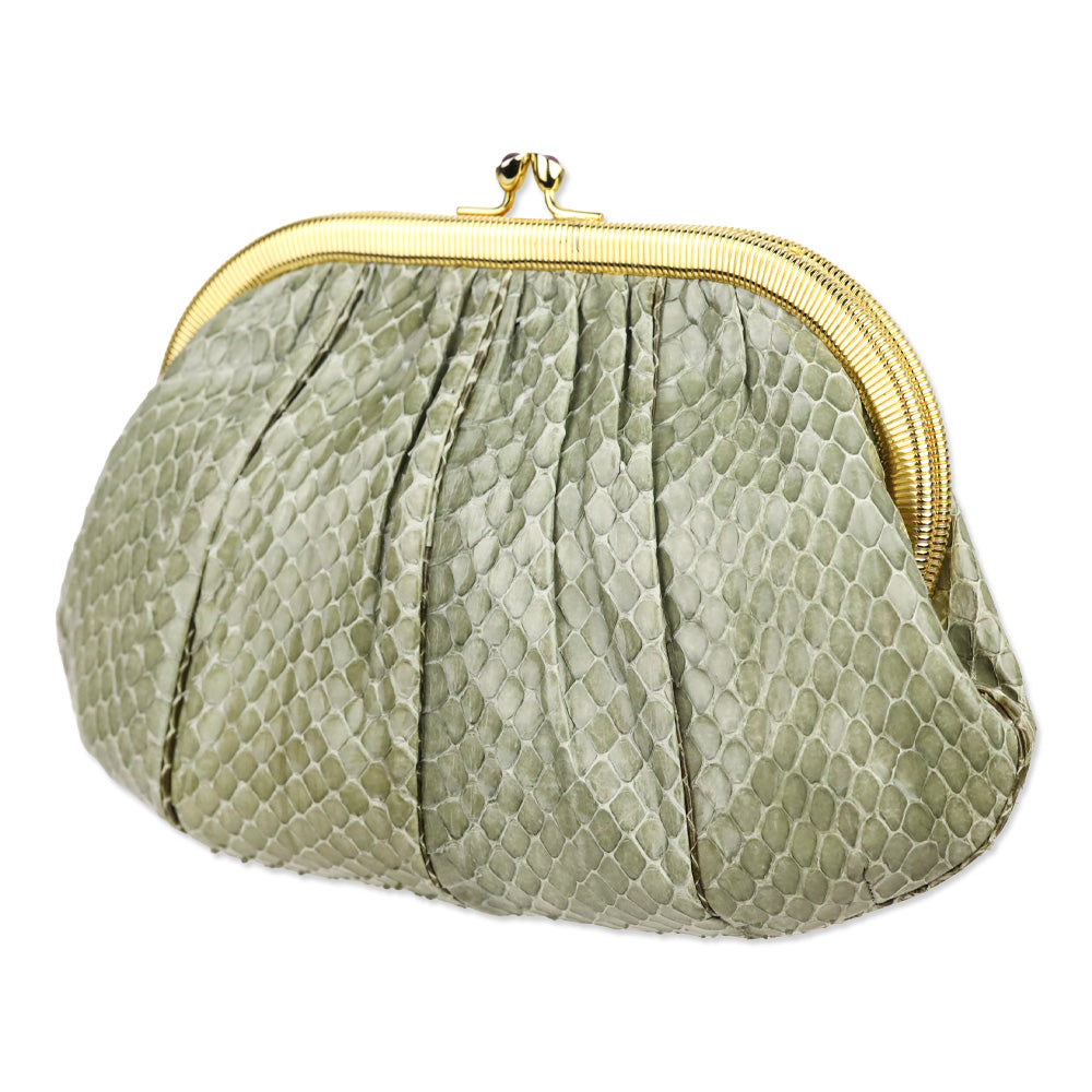 Judith Leiber Moss Snakeskin Kiss-Lock Clutch with Chain