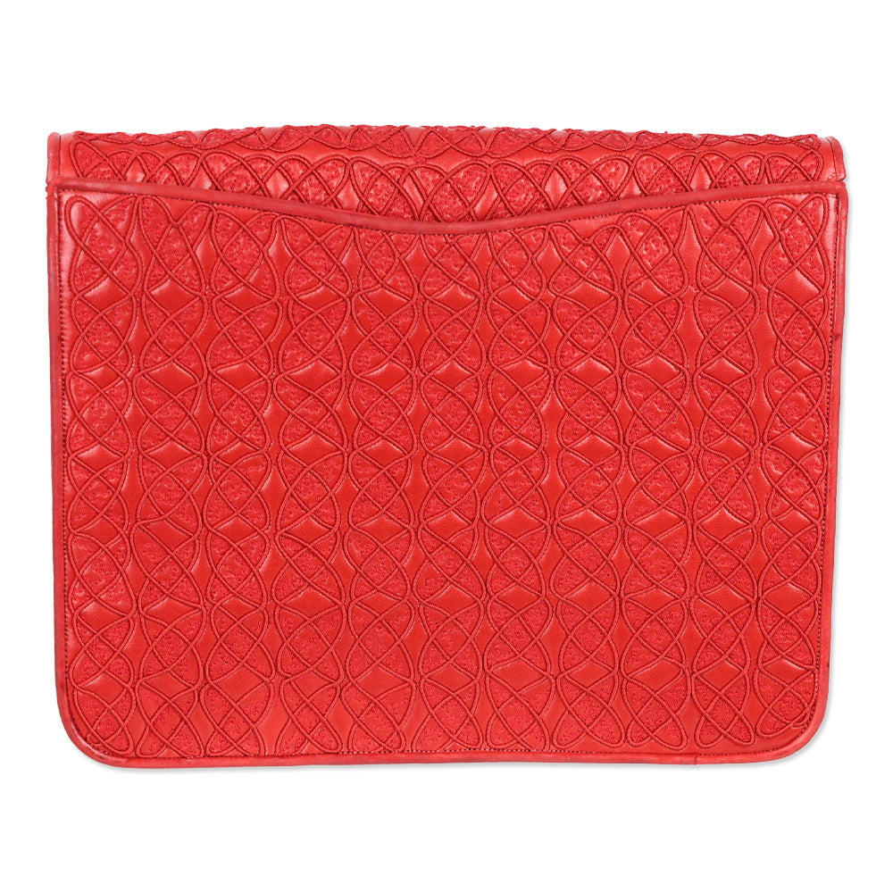 Judith Leiber Red Crosshatch Embroidered Leather Square Clutch