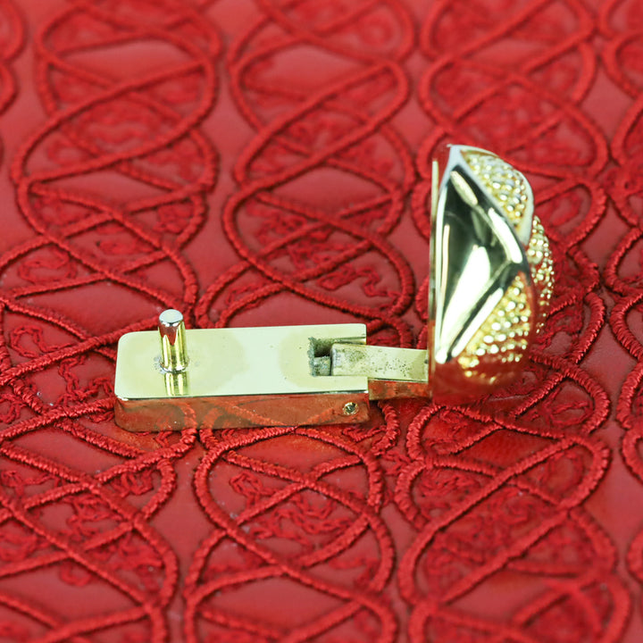 Judith Leiber Red Crosshatch Embroidered Leather Square Clutch