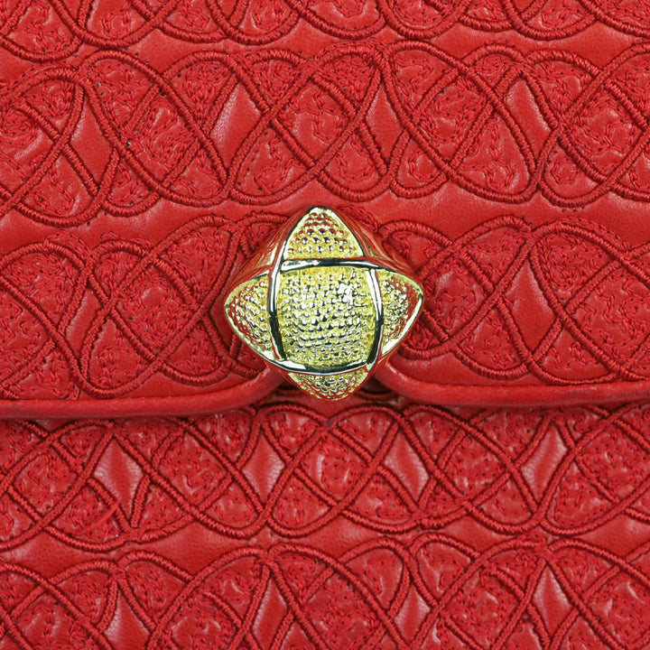Judith Leiber Red Crosshatch Embroidered Leather Square Clutch