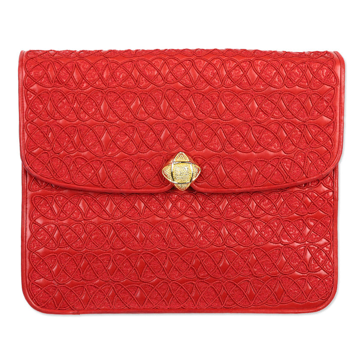 Judith Leiber Red Crosshatch Embroidered Leather Square Clutch