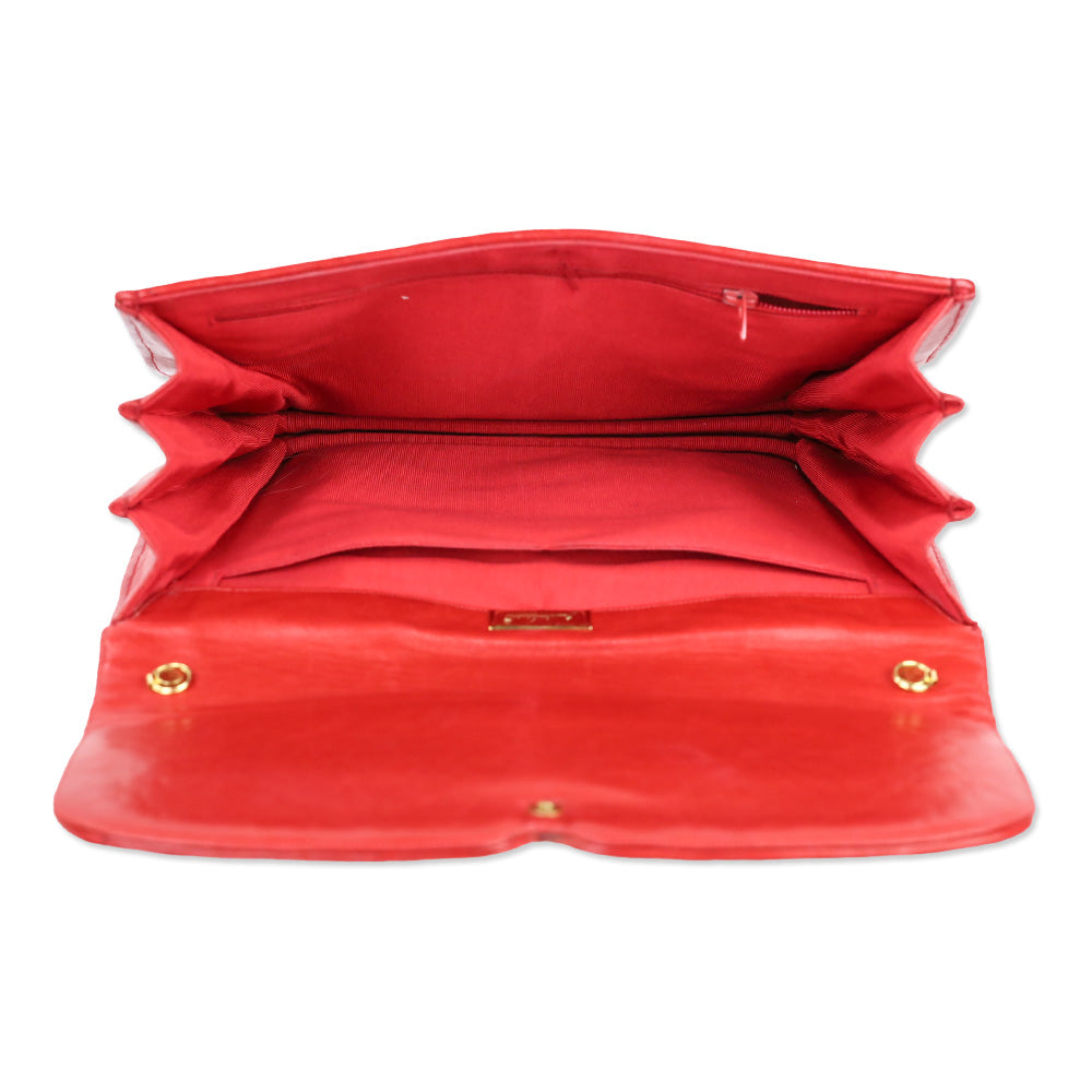 Judith Leiber Red Crosshatch Embroidered Leather Square Clutch