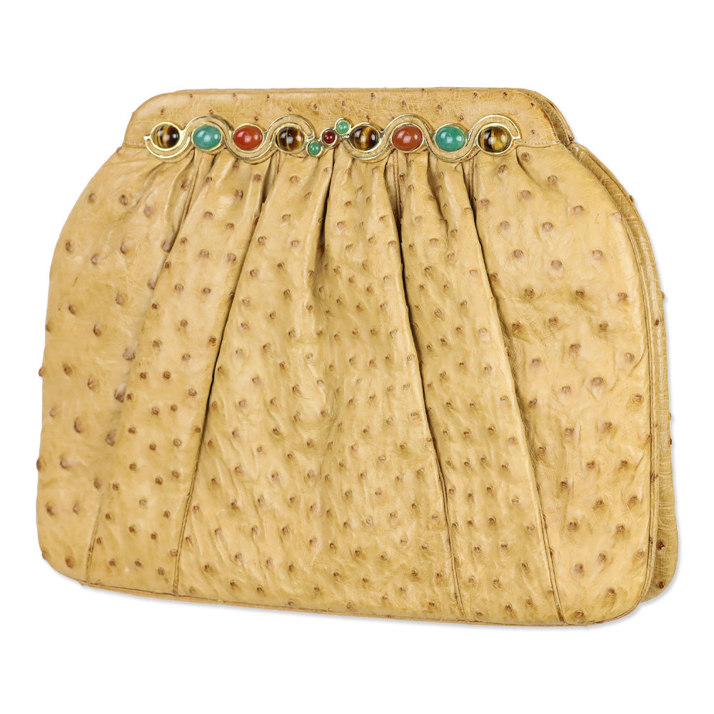Judith Leiber Tan Ostrich Leather Stone Trim Frame Clutch