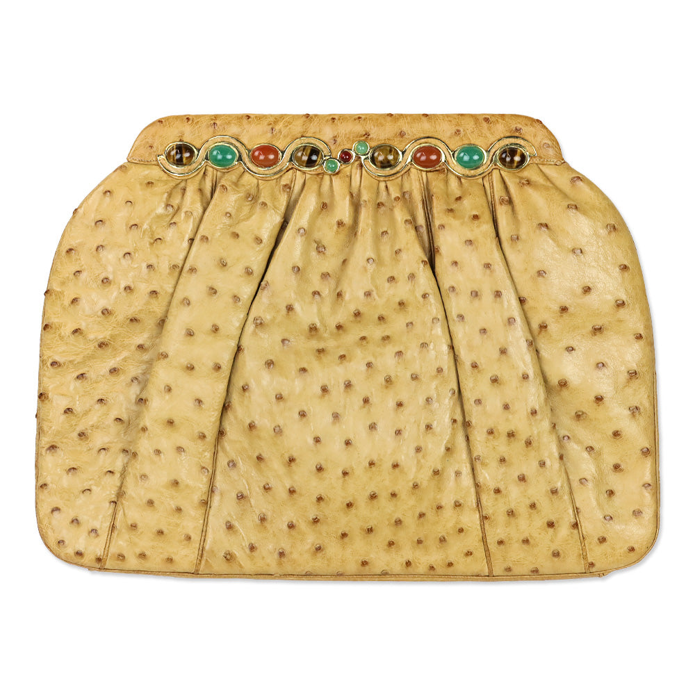 Judith Leiber Tan Ostrich Leather Stone Trim Frame Clutch