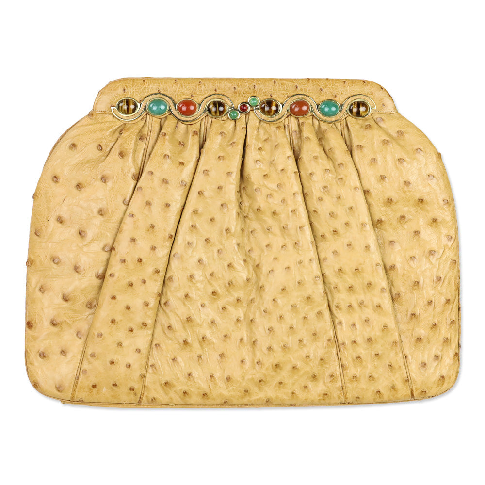 Judith Leiber Tan Ostrich Leather Stone Trim Frame Clutch