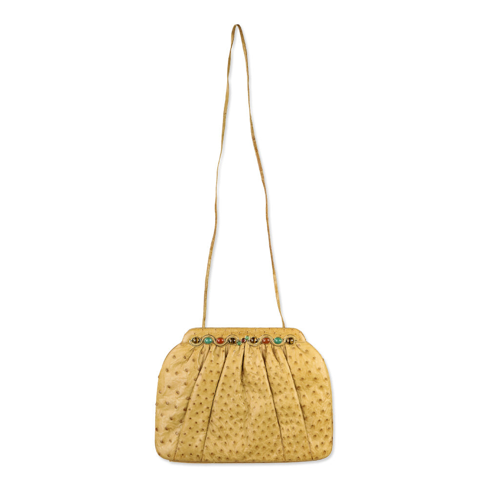 Judith Leiber Tan Ostrich Leather Stone Trim Frame Clutch