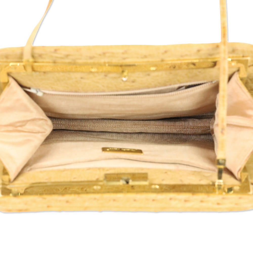 Judith Leiber Tan Ostrich Leather Stone Trim Frame Clutch