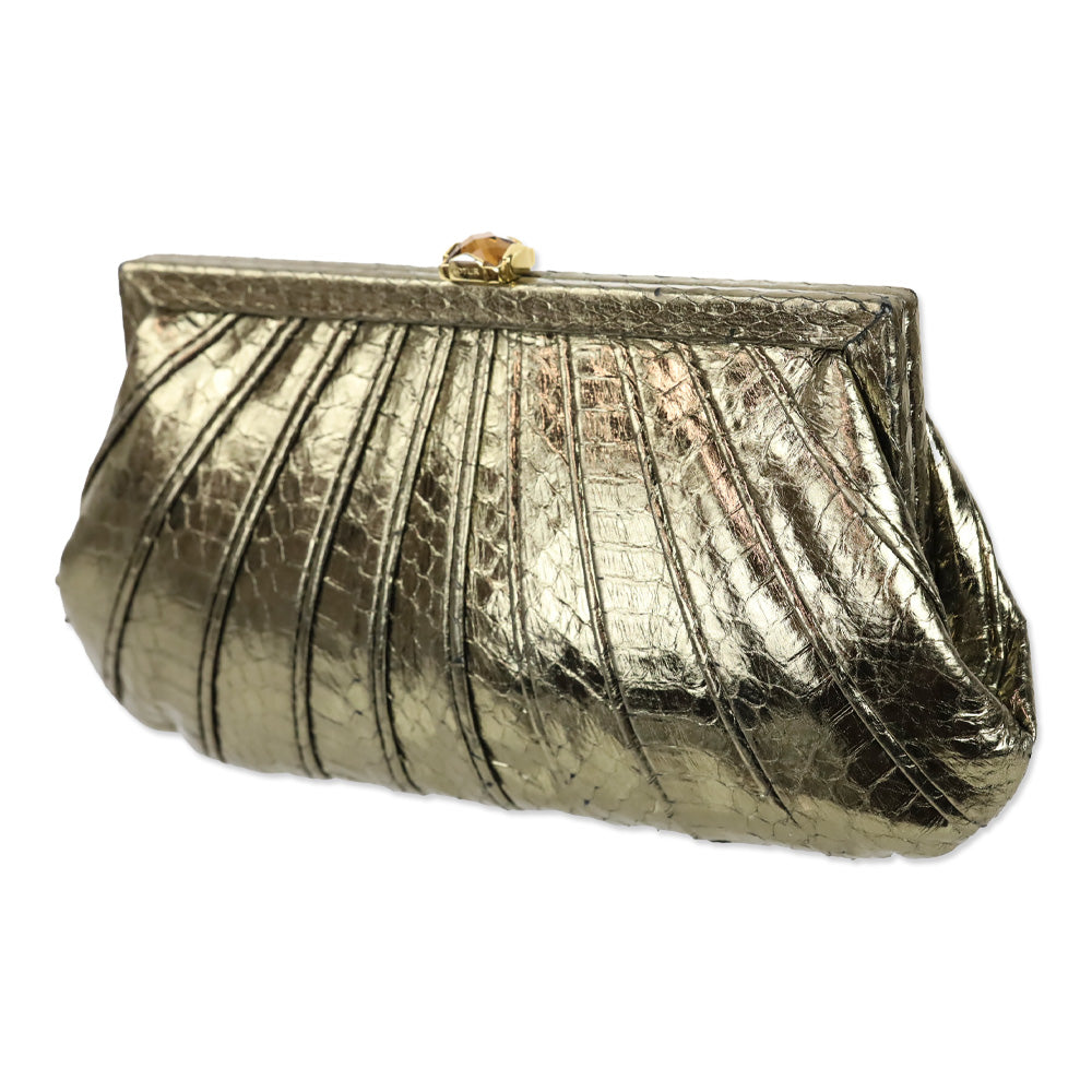 Kotur Metallic Gold Lizard Skin Frame Clutch