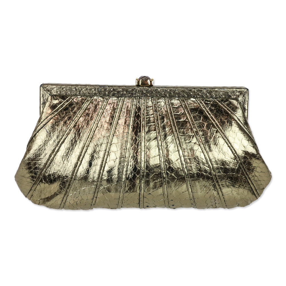 Kotur Metallic Gold Lizard Skin Frame Clutch