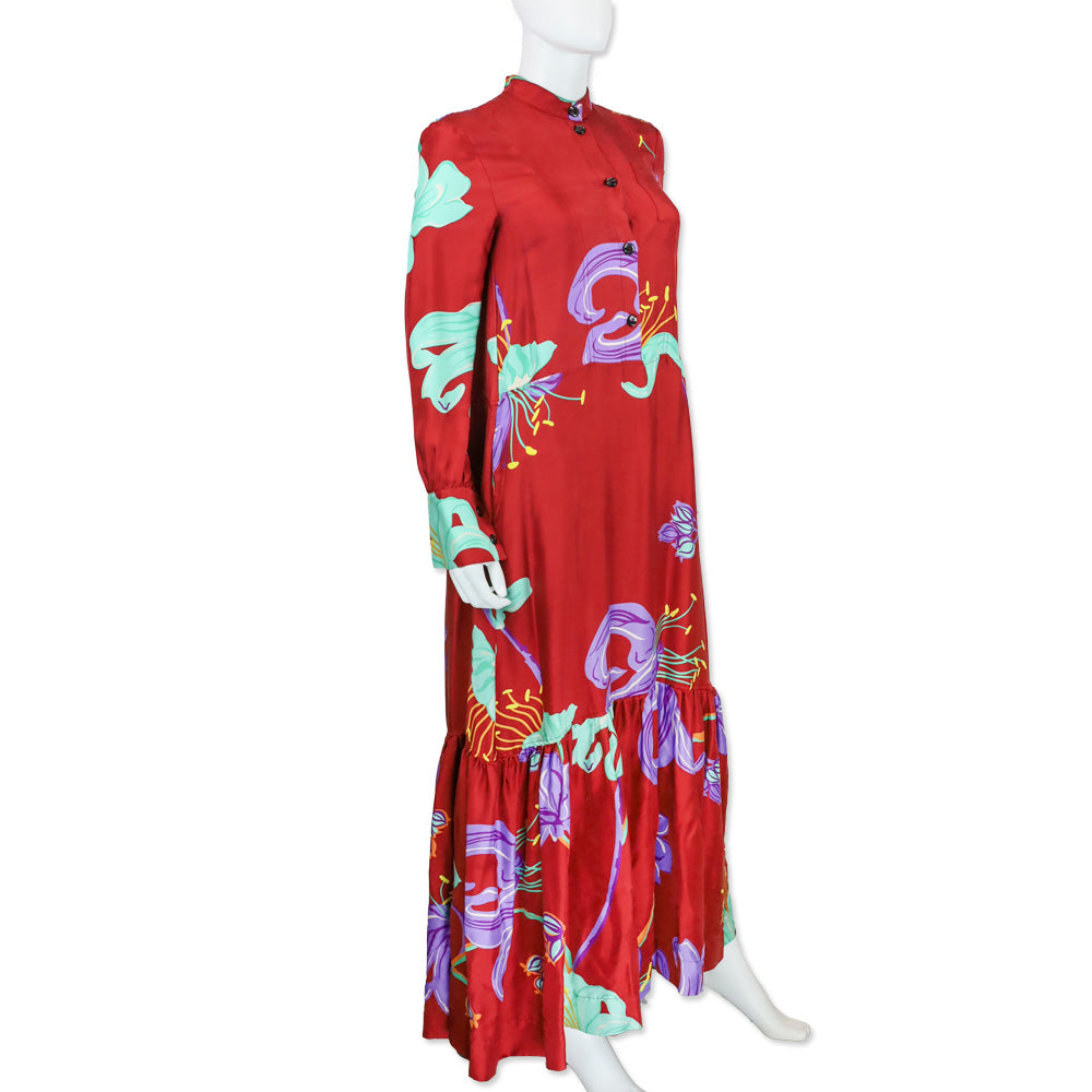 La DoubleJ with Mantero Red Floral Satin Long Sleeve Button Front Maxi Dress