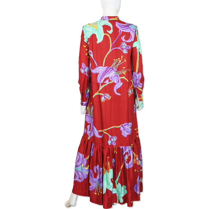 La DoubleJ with Mantero Red Floral Satin Long Sleeve Button Front Maxi Dress