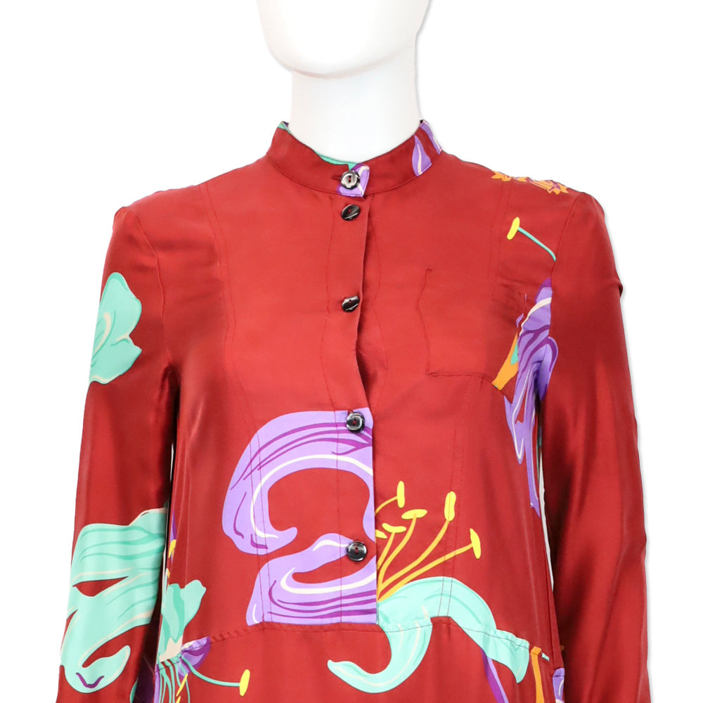 La DoubleJ with Mantero Red Floral Satin Long Sleeve Button Front Maxi Dress