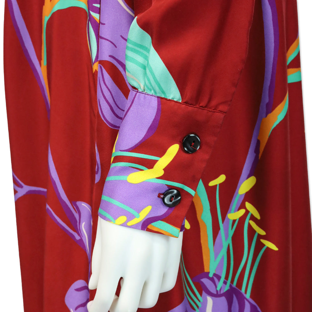 La DoubleJ with Mantero Red Floral Satin Long Sleeve Button Front Maxi Dress